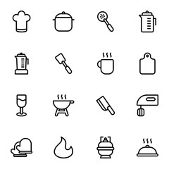 Cooking and kitchen icons. Set of clean line icons featuring various kitchen utensils and cooking related objects