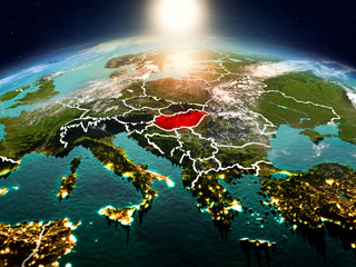 Hungary in sunrise from orbit