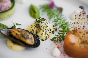 Different tasty seafood on plate