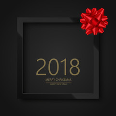 Happy New Year 2018 black background with black frame and red ribbon. Christmas greeting card. Vector