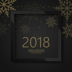 Happy New Year 2018 black background with black frame and gold snow. Vector