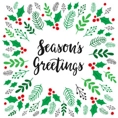 Season's Greetings Christmas card. Botanical festive frame. Vector, eps 10.