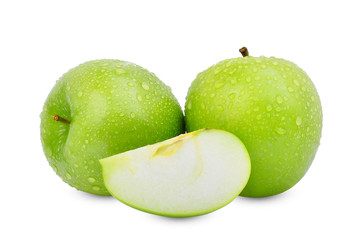 two whole and slice of green apple or granny smith apple with drop of water isloated on white background