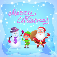 Christmas. Santa Elf And Snowman in snow scene. Beautiful christmas scene in cartoon style. Vector illustration, eps 10.