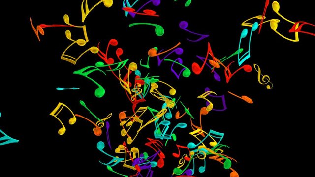 Animated colorful music notes bursting or flying toward camera in slow motion and against black background, mask included.