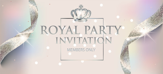 Elegant invitation  pearl card with sparkling ribbons and crown. Vector illustration - obrazy, fototapety, plakaty