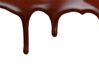 Close up of chocolate syrup leaking on white background