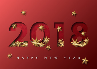 2018 merry christmas and happy new year vector greeting card and poster design with golden ribbon,star and confetti.
