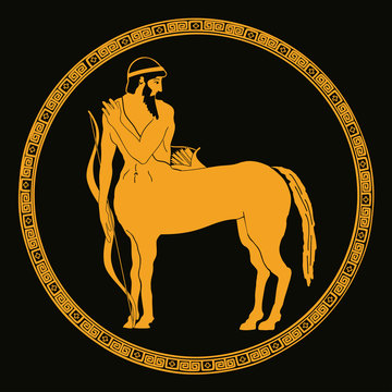 Mythical creature Centaur with a bow and arrows. Vector vintage Greek national style. Drawing on the bottom of the black antique plate.