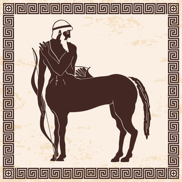 Mythical creature Centaur with a bow and arrows. Vector vintage Greek national style. Brown pattern on a beige background with the aging effect.