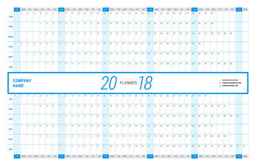 Yearly Wall Calendar Planner Template for 2018 Year. Vector Design Print Template. Week Starts Sunday. Landscape orientation