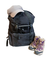 Black backpack, cap and shoes backpackers isolated on white background