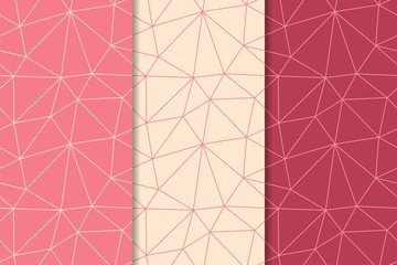 Polygonal seamless patterns. Cherry pink set of geometric backgrounds