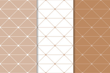 Polygonal seamless patterns. Brown white set of geometric backgrounds