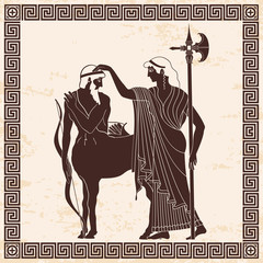 Fototapeta na wymiar Mythical creature Centaur with a bow and Athena Pallada with Halberd. Vector vintage Greek national style. Brown pattern on a beige background with the aging effect.