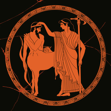 Mythical creature Centaur with a bow and Athena Pallada with Halberd. Vector vintage Greek national style. Drawing on the bottom of the black antique plate with a crack.