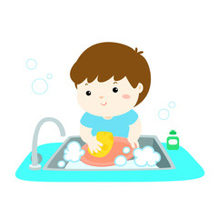 Illustration of happy boy washing dish on white background.