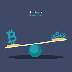 Balance with bitcoin against the dollar, euro, yen, pound, franc, ruble. Currency icons with growth charts and recessions.