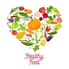 Eat healthy commercial poster with tasty vegetables inside big heart. Banner to encourage people to have proper organic nutrition.
