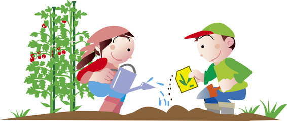 家庭菜園で野菜を作る子供達