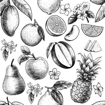 Fruits and flowers . Vector seamless pattern
