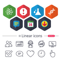 Attention and DNA icons. Chemistry flask.