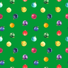 Seamless pattern of colorful watercolor Christmas balls and on green background.