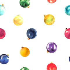 Seamless pattern of colorful watercolor Christmas balls and on white background
