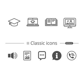 Book, Graduation cap and Video tutorial icons.