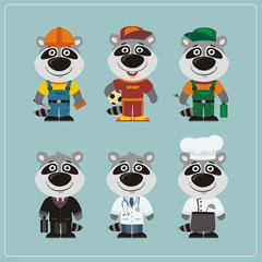 Obraz premium Set of raccoon in different costumes: builder, sportsman, worker, a doctor, manager, cook. Collection of raccoon in clothes in cartoon style.