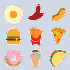 set of cute sticker with fast food vector