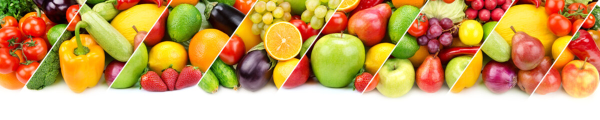 Sammlung frisches Obst und Gemüse isoliert auf weißem Hintergrund. Panorama-Collage. Breites Foto.