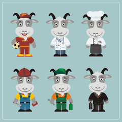Set of goat in different costumes: builder, sportsman, worker, a doctor, manager, cook. Collection of goat in clothes in cartoon style.