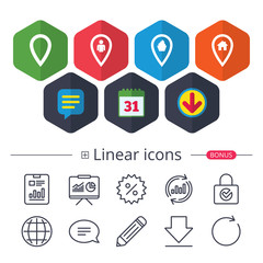 Map pointer icons. Home, food and user location.