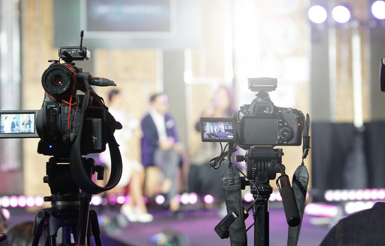Video Production Camera Social Network Live Recording On Stage Event Which Has Interview Session Of Contest, Performance, Concert Or Business Seminar.  World Class Stage And Ob Switch Team