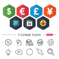 Dollar, Euro, Pound and Yen currency icons.