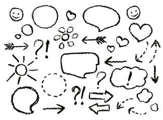 Drawing speech bubbles. Crayon arrows, heart shape, smile, sign, symbols funny set. Black charcoal, wax chalk or pencil like kid`s hand drawn doodle child style sketch design elements, vector.