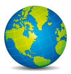 Beautiful blue and green 3d vector globe. America, Alaska, Canada and Atlantic view.