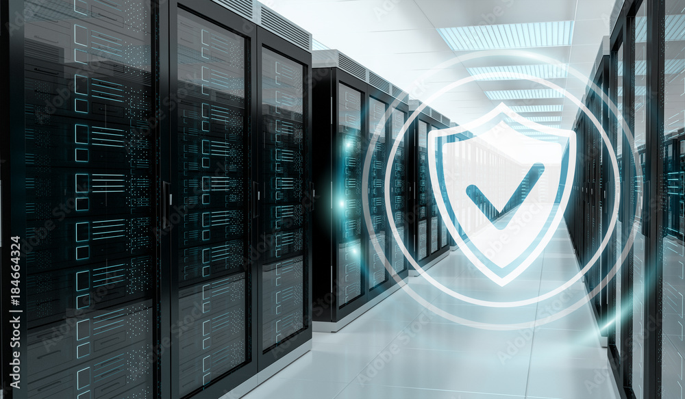Poster firewall activated on server room data center 3d rendering