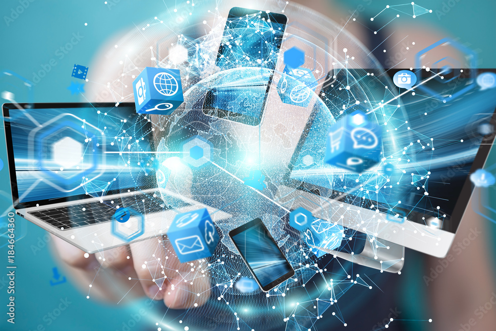 Aufkleber tech devices connected to each other by businesswoman 3d rendering