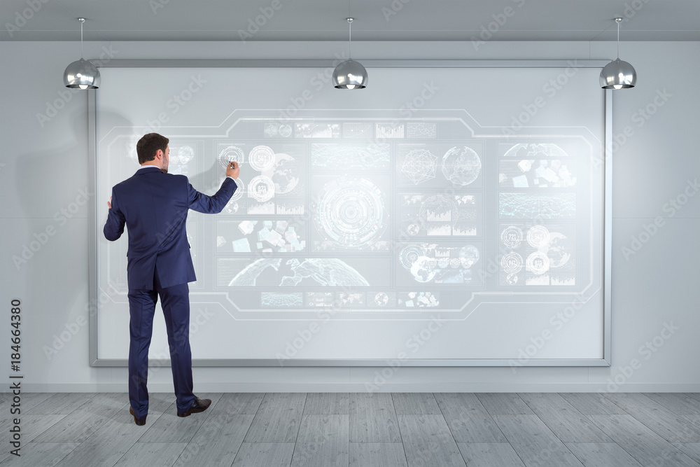 Aufkleber Businessman using graph screens interface on a board 3D rendering