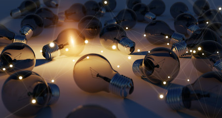 Bright lightbulb and connections illuminating other bulbs 3D rendering
