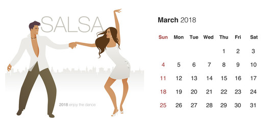 2018 Dance Calendar. March. Salsa. Young couple dancing salsa and city background - obrazy, fototapety, plakaty