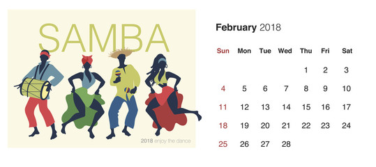 2018 Dance Calendar. February. Samba. Group of four dancing brazilian rythms