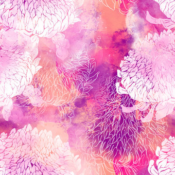 imprints chrysanthemum mix seamless pattern. abstract watercolour and digital hand drawn picture. mixed media artwork for textiles, fabrics, souvenirs, packaging and greeting cards.