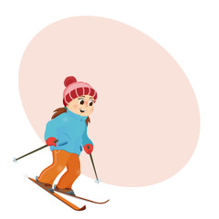 Funny girl skiing downhill with place for text