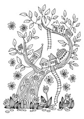 Small fantasy village on tree. Hand drawn picture. Sketch for anti-stress adult coloring book in zen-tangle style. Vector illustration  for coloring page, isolated on white background.