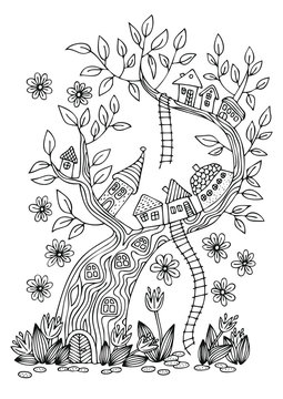 Small fantasy village on tree. Hand drawn picture. Sketch for anti-stress adult coloring book in zen-tangle style. Vector illustration  for coloring page, isolated on white background.