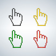 Pixel hand cursor different colors set . Vector icon.
