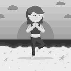Yoga woman meditate on sunset beach black and white style